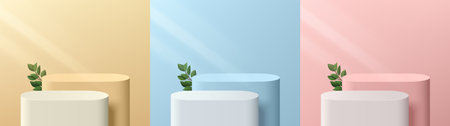 Set of pink, yellow, blue, white 3D background with round stand products podium and green leaf. Minimal wall scene mockup product stage showcase. Abstract vector geometric forms.のイラスト素材