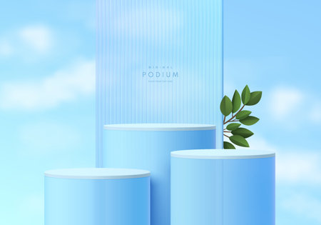 <p>Realistic 3D blue glass cylinder stand podium set with partition, green leaf and cloud sky background. Minimal scene mockup products stage showcase, Promotion display. </p>のイラスト素材