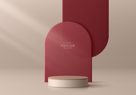 Realistic 3D beige cylinder pedestal podium with red maroon vertical pattern in arch shapes layers background. Vector abstract geometric forms. Minimal scene mockup products display.のイラスト素材