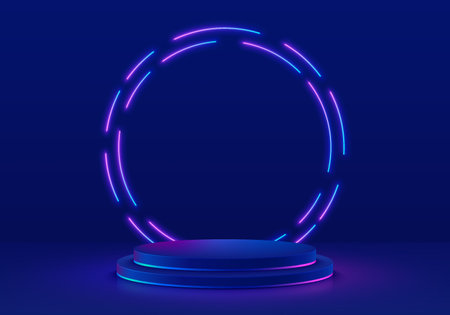<p>Realistic 3D dark blue cylinder pedestal podium with glowing circle round neon lighting line in futuristic style. Minimal scene for mockup products display. Abstract room.</p>のイラスト素材
