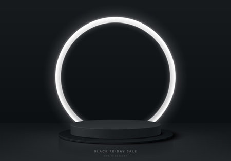 <p>Realistic 3D black cylinder pedestal podium with round circle glowing neon lighting background. Black Friday sale concept, Vector abstract minimal scene for products display.</p>のイラスト素材