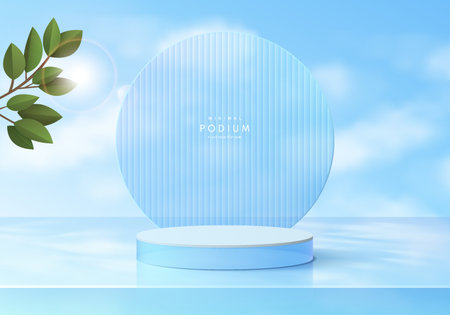 <p>Realistic 3D blue crystal glass cylinder pedestal podium with green leaf and sky background. Minimal wall scene mockup products stage for showcase, Promotion display. </p>のイラスト素材