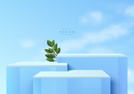 <p>Realistic 3D blue crystal glass cube stand podium set with green leaf, blue sky background. Minimal wall scene mockup products stage for showcase, Promotion display. </p>のイラスト素材