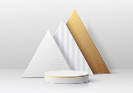 <p>Realistic white, golden 3D cylinder pedestal podium with luxury layers triangle shape background. Vector abstract geometric forms. Minimal scene mockup products promotion display.</p>のイラスト素材