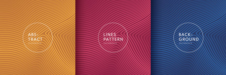 <p>Set of abstract wavy lines pattern texture yellow, pink red and dark blue background. Minimal striped gradient trendy color with copy space. Simple flat banner design. </p>のイラスト素材