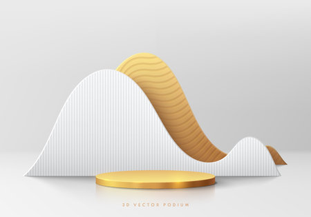 <p>Realistic golden 3D cylinder pedestal podium with luxury white wavy shape layers background. Vector abstract geometric forms. Minimal wall scene mockup products stage for display.</p>のイラスト素材