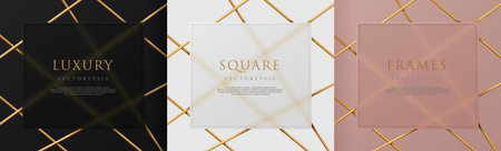 <p>Set of white, rose gold, black squares frame, 3D golden lines overlap design. Abstract backdrop for cosmetic product. Collection of luxury geometric background, copy space. Top view.</p>のイラスト素材