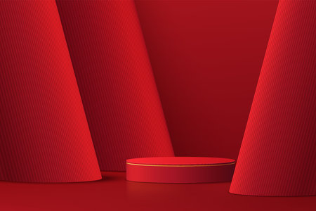 <p>Realistic dark red 3D cylinder pedestal podium with red pillar layers background. Minimal scene for products showcase, Promotion display. Happy lantern day concept.</p>のイラスト素材