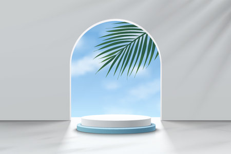 <p>Realistic white 3D cylinder pedestal podium with cloud blue sky and palm leaf in the arch door. Vector abstract studio room geometric platform. Minimal scene for products display.</p>のイラスト素材
