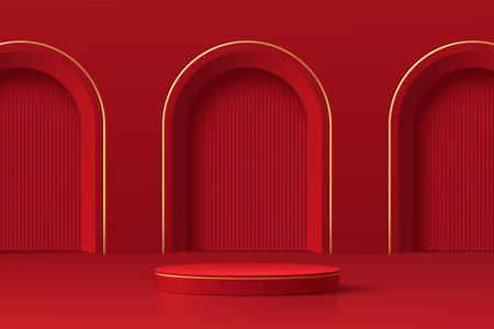 <p>Realistic dark red and gold 3D cylinder pedestal podium with vertical texture in arch door. Minimal scene for products showcase, Promotion display. Happy lantern day.</p>のイラスト素材