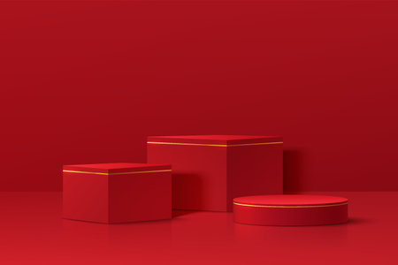 <p>Realistic dark red, gold 3D geometric pedestal podium set in abstract red room. Minimal scene for products showcase, Promotion display. Happy lantern day concept.</p>のイラスト素材
