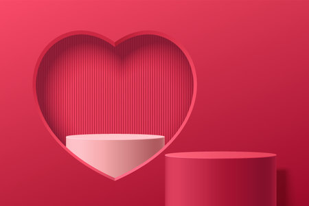 <p>Realistic red 3D cylinder stand podium with with white podium in heart shape window. Valentine minimal scene for products display. Vector abstract studio room platform design.</p>のイラスト素材