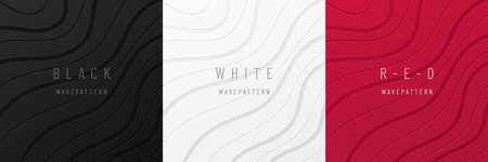 Set of dynamic wavy curve lines on black, white, gray, red background. Modern technology futuristic background. Design for banner, cover, web, flyer, card, poster, wallpaper.のイラスト素材
