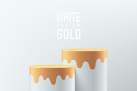 WhiteGold luxury geometric cylinder pedestal or stand podium. Vector abstract studio room with realistic 3D platform design. Minimal wall scene for cosmetic products display.のイラスト素材