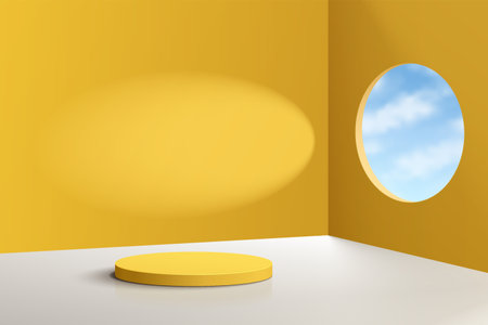 Yellow realistic 3D cylinder pedestal podium with blue sky in circle window. Pastel minimal scene for products display. Vector abstract studio room with geometric platform design.のイラスト素材
