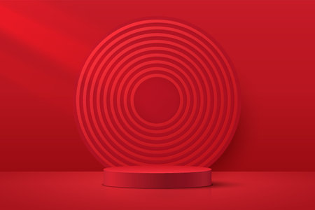 Red ealistic 3D cylinder pedestal podium with layers circles backdrop. Chinese red minimal wall scene for products display. Vector abstract studio room with platform design.のイラスト素材