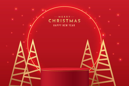 Red realistic 3d cylinder pedestal podium with glowing circle neon and golden triangle christmas tree. Merry christmas scene for Promotion display, Product showcase.のイラスト素材