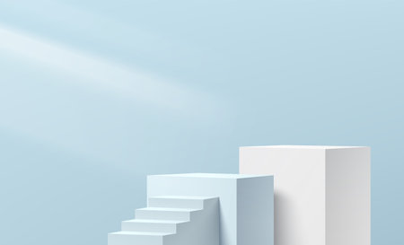 Realistic 3D white and blue cube stand podium set with stair and lighting. Vector abstract studio room with geometric platform design. Pastel minimal scene for products display.のイラスト素材
