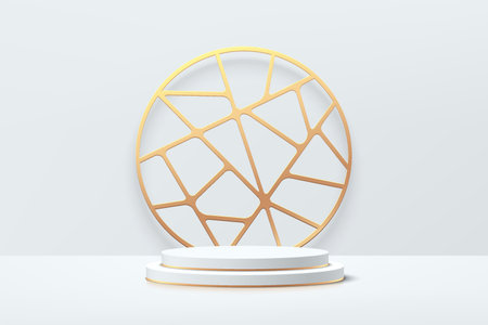 White, Gray and Gold geometric pedestal podium with golden lines circle elements. Vector abstract studio room with 3D platform design. Luxury minimal scene for products display.のイラスト素材