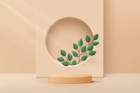 Beige, Brown realistic cylinder pedestal podium with green leaf and circle backdrop. Vector abstract studio room with 3D geometric platform. Minimal scene for products displayのイラスト素材