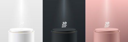 Set of 3D vector abstract studio room with pedestal podium. Pink gold, Black and white geometric platform collection design. Luxury minimal scene for cosmetic products display.のイラスト素材