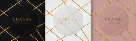 Set of white, rose gold, black circle frame, golden tube overlap design. Abstract 3D backdrop for cosmetic product. Collection of luxury geometric background copy space. Top view.のイラスト素材