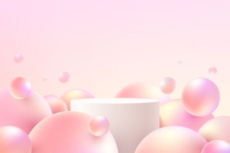 White, pink realistic cylinder pedestal podium flying sphere ball or pink bubble. Vector abstract studio room with 3D geometric platform. Pastel minimal scene for products display.のイラスト素材