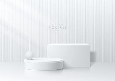 Realistic 3D white cube and cylinder pedestal podium with vertical pattern clean wall background. Vector abstract geometric forms. Silver minimal scene mockup products display.のイラスト素材
