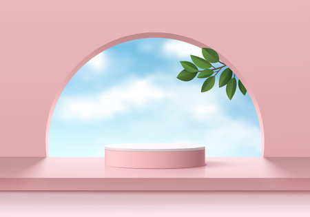 Realistic 3D pink, white cylinder pedestal podium with green leaf and blue sky in round window background. Vector abstract with geometric forms. Minimal wall scene products displayのイラスト素材