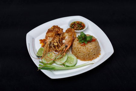Thai fried rice with shrimpsの写真素材