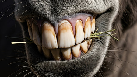Close-up of a horse's mouth displaying teeth with grass in mouth, captured with detailed focus and natural lighting, conveying a peaceful rural and agricultural atmosphere suitable for equine and farming marketing.の素材