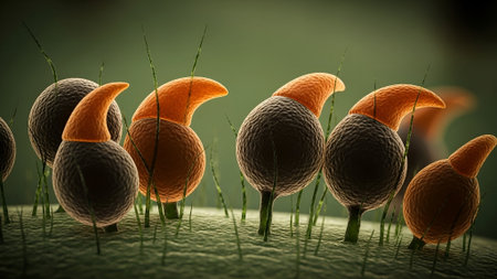 Close-up of fungal spores with orange caps and dark bodies on a textured surface, illuminated softly to highlight details, creating a scientific and natural atmosphere ideal for educational and biological research content.の素材