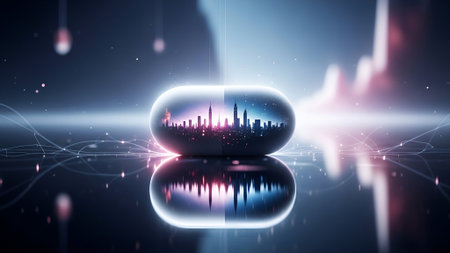 Futuristic capsule containing a city skyline with vibrant pink and blue neon colors, glowing reflections, and digital network lines creating a high-tech, modern atmosphere perfect for technology and innovation themes.の素材