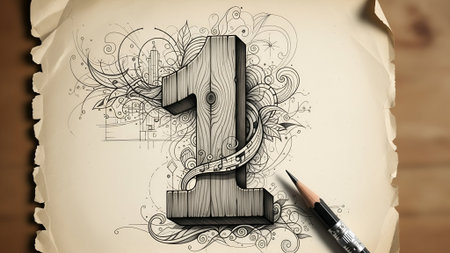 A detailed illustration of the number one with a wood texture, surrounded by swirling lines and decorative sketches on crumpled paper, conveying creativity and artistic design for visual content and creative projects.の素材