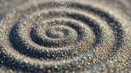 Close-up of a glittery spiral pattern with shimmering particles in shades of gold silver and blue creating a vibrant and dynamic visual effect perfect for decorative or celebratory themes.の素材