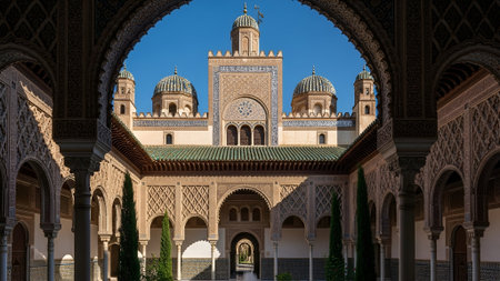 A stunning view of a Moroccan palace courtyard featuring intricate arches, decorative tilework, and domed towers illuminated by bright sunlight creating a vibrant atmosphere perfect for travel and architecture themes.の素材