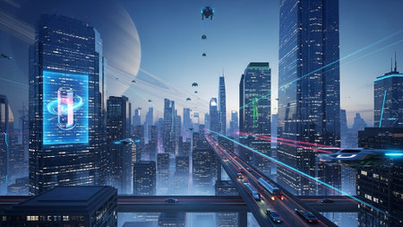 A high-tech cityscape with towering skyscrapers, flying cars, and neon illumination creating a vibrant, energetic atmosphere perfect for technology and innovation marketing.の素材
