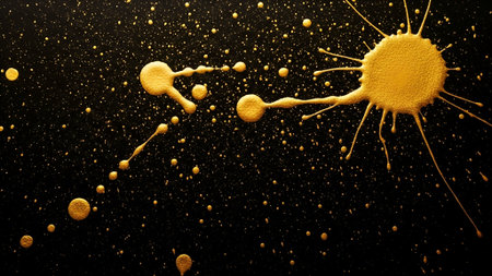 Vivid yellow paint splashes and droplets create an artistic abstract pattern on black background with dynamic composition and high contrast, ideal for creative design projects.の素材