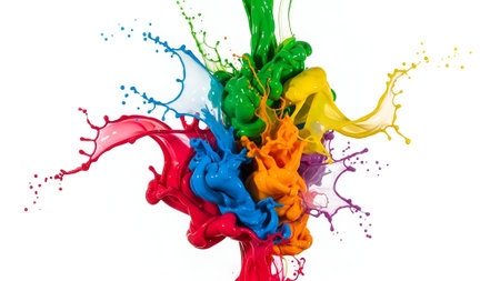 Vibrant multicolor paint splashes in an energetic explosion with dynamic movement on a white background perfect for creative and artistic marketing materials.の素材