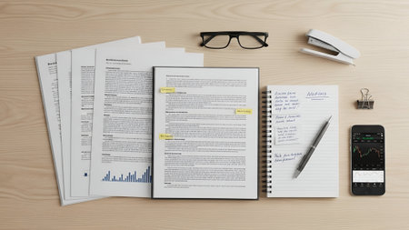 A tidy workspace featuring documents, a notebook with handwritten notes, a pen, smartphone displaying stock data, glasses, and a binder clip, creating a professional and productive atmosphere suitable for business and financial contexts.の素材
