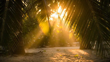 Sunlit tropical beach scene with palm leaves and warm golden light creating a peaceful and relaxing atmosphere perfect for travel and vacation marketing.の素材