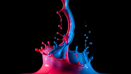 Bright red and blue paint splashing dynamically against a black background creates an energetic abstract image ideal for creative and artistic marketing use.の素材