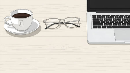 A cozy workspace scene featuring a white coffee cup with dark coffee, clear glasses, and a silver laptop on a light wooden surface creating a calm productive atmosphere ideal for remote work or study.の素材