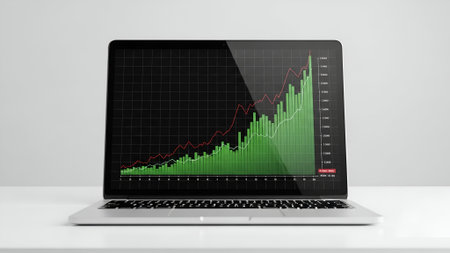 Laptop showing a financial growth graph with green bars and a red line on a dark background, bright natural lighting, minimalistic style, ideal for finance and investment marketing.の素材