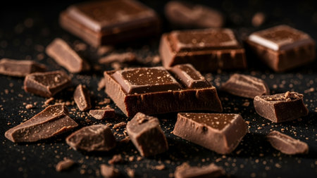 Close-up of broken dark chocolate pieces with crumbs on a black surface, evoking rich indulgence and luxury, ideal for food and dessert marketing.の素材
