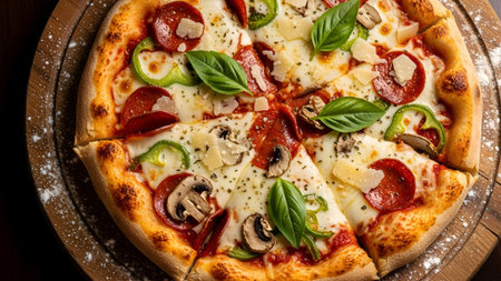 A delicious vegetarian pizza topped with mushrooms basil green peppers cheese and tomato slices on a rustic wooden table with bright natural lighting, ideal for food marketing and restaurant menus.の素材