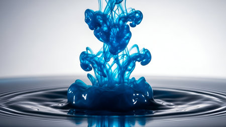 A vibrant blue ink drop falling into water creates intricate swirling smoke patterns and ripples, evoking a dramatic and artistic atmosphere perfect for creative and scientific visuals.の素材