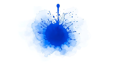 Vivid blue ink splash on white background creating an artistic watercolor effect with dynamic splatters perfect for creative, design, or artistic projects.の素材