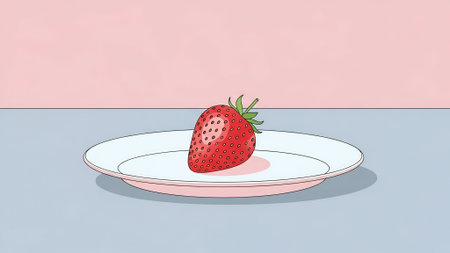 A vibrant red strawberry with green leaves resting on a white plate with subtle shadowing, set against a pastel pink and blue background creating a calm and fresh mood, ideal for food or health product marketing.の素材
