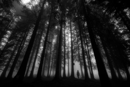 Silhouette of a woman walking in the dark forest with fogの写真素材